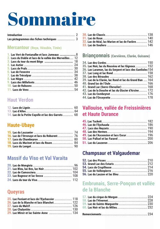 Sommaire topoguide Les plus beaux lacs des Alpes du Sud ditions du Chemin  des Crtes