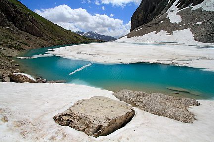 Lac des Béraudes en partie sous la neige
