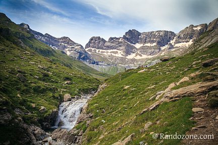 Cascade et randonneurs dans le cirque d'Estaubé