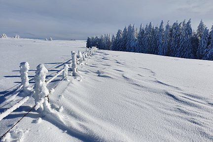 Une clotûre ensevelie sous la neige dans le PNR d'Aubrac