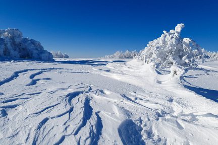 J'évolue en raquettes à neige dans ce paysage immaculé et silencieux du Massif Central