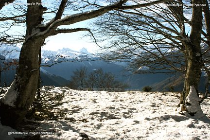 Pène de Béon sous la neige, vue sur la vallée d'Ossau