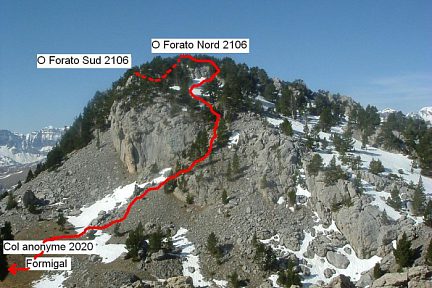 Itinéraire de O Forato Nord, crête Nord-Ouest de la Pena Foratata