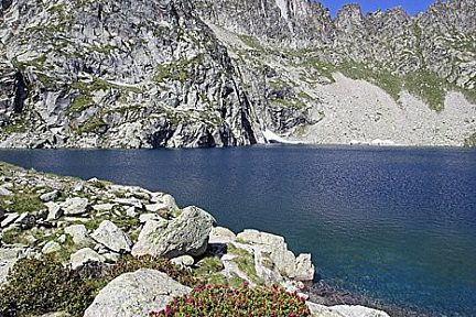 Grand lac d'Ardiden avec des fleurs partout