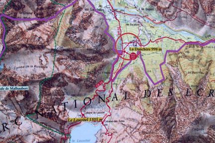 Carte du Massif des Ecrins La Danchère pour arriver au Lac du Lauvitel
