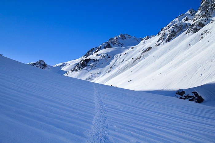 Des traces de skis dans la monte