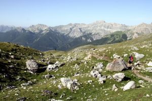 Randonneur sur le sentier qui redescend au Col d'Izoard