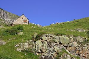 Maison et brebis lors de la randonne au Cirque d'Estaub