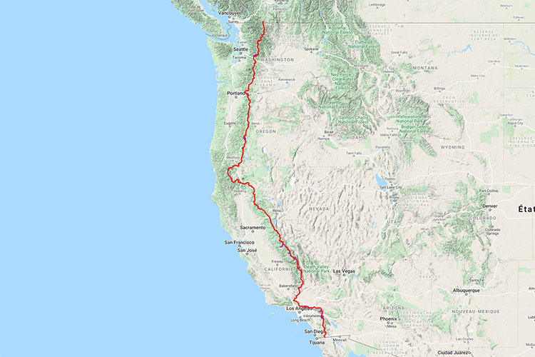 Itinéraire du PCT ou Pacific Crest Trail aux Etats-Unis